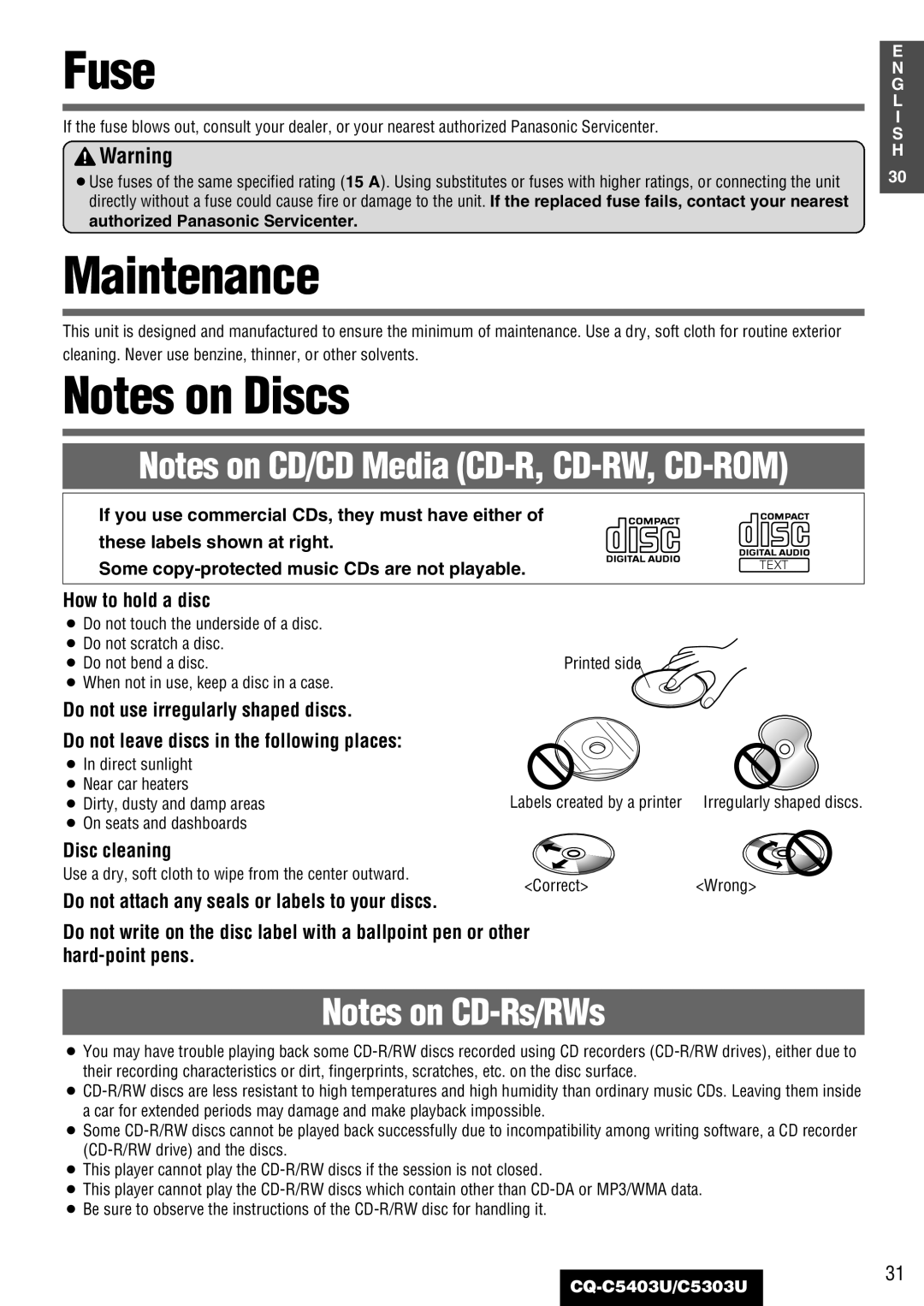 Panasonic C5303U Fuse, Maintenance, How to hold a disc, Disc cleaning, Do not attach any seals or labels to your discs 