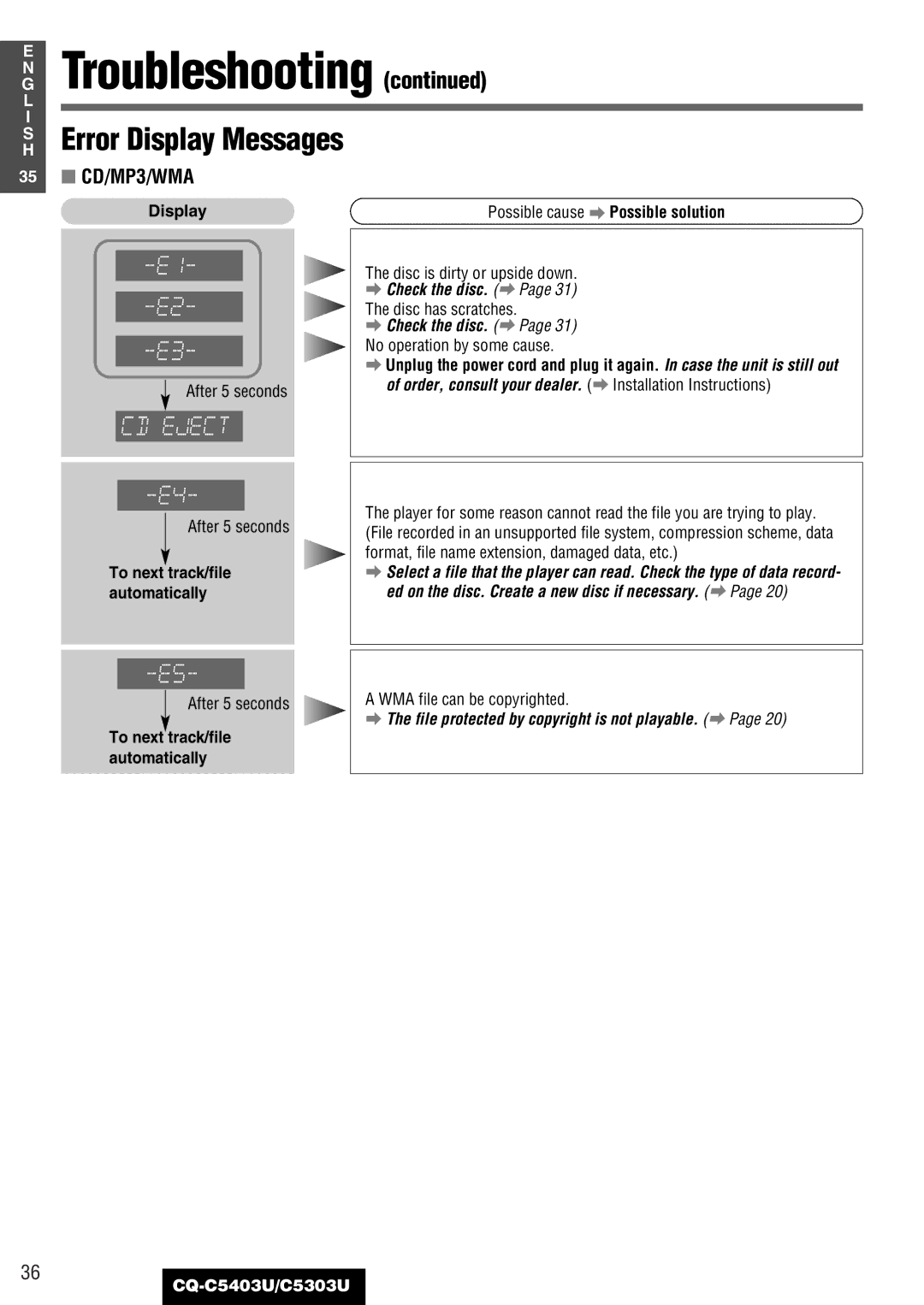 Panasonic CQ-C5403U, C5303U warranty Error Display Messages, 35 CD/MP3/WMA, To next track/file automatically 