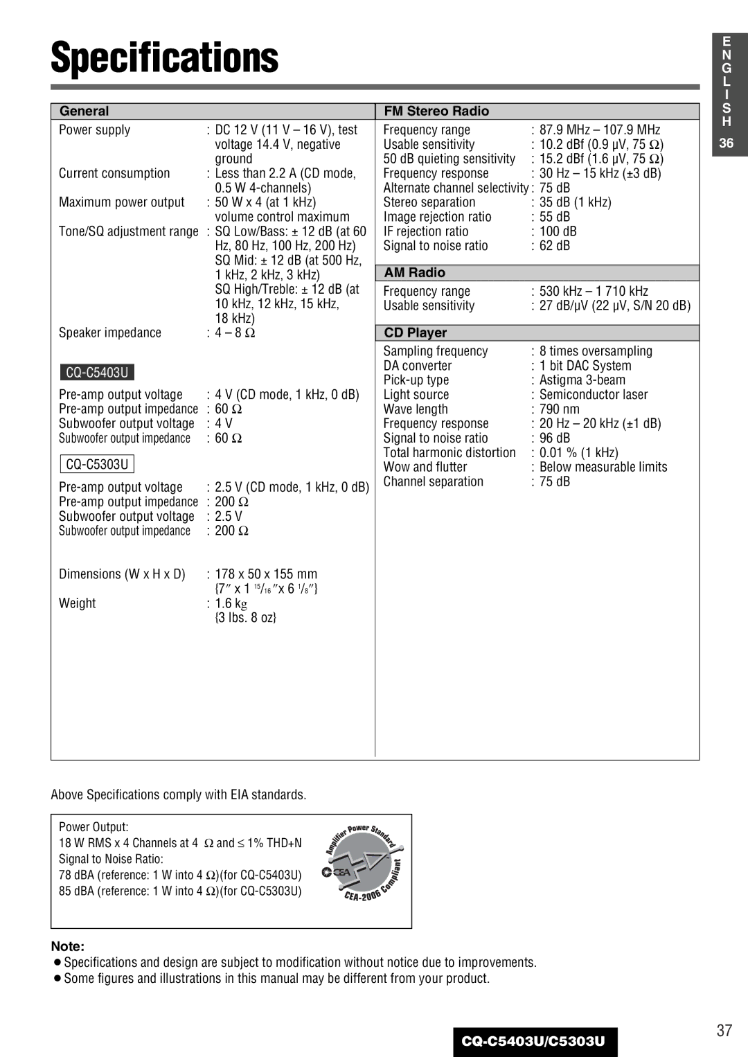 Panasonic C5303U, CQ-C5403U warranty Specifications, General FM Stereo Radio, AM Radio 