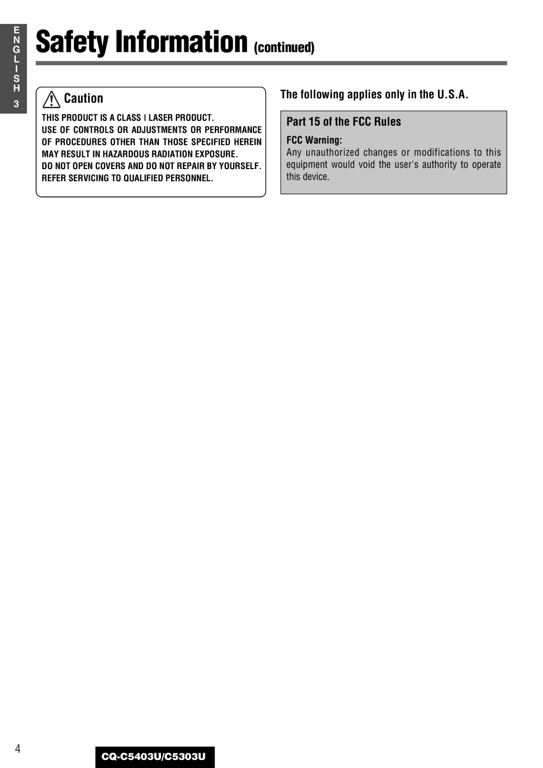 Panasonic CQ-C5403U, C5303U warranty Following applies only in the U.S.A, Part 15 of the FCC Rules, FCC Warning, This device 