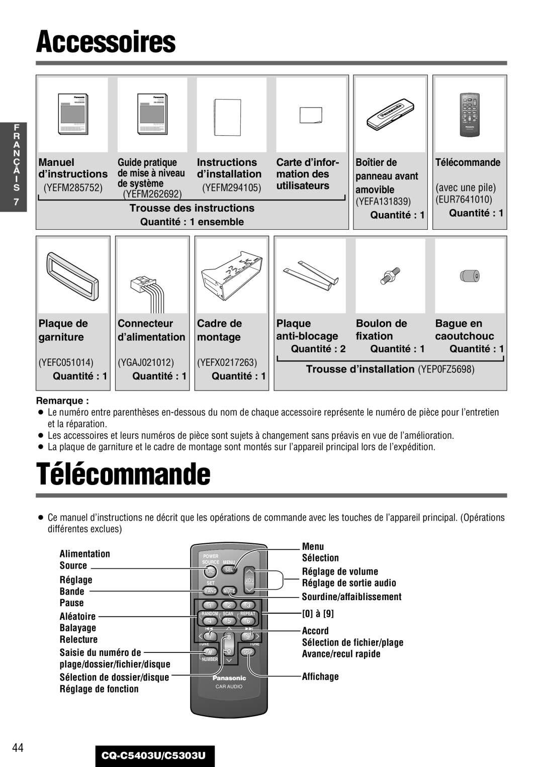 Panasonic CQ-C5403U, C5303U warranty Accessoires, Télécommande 