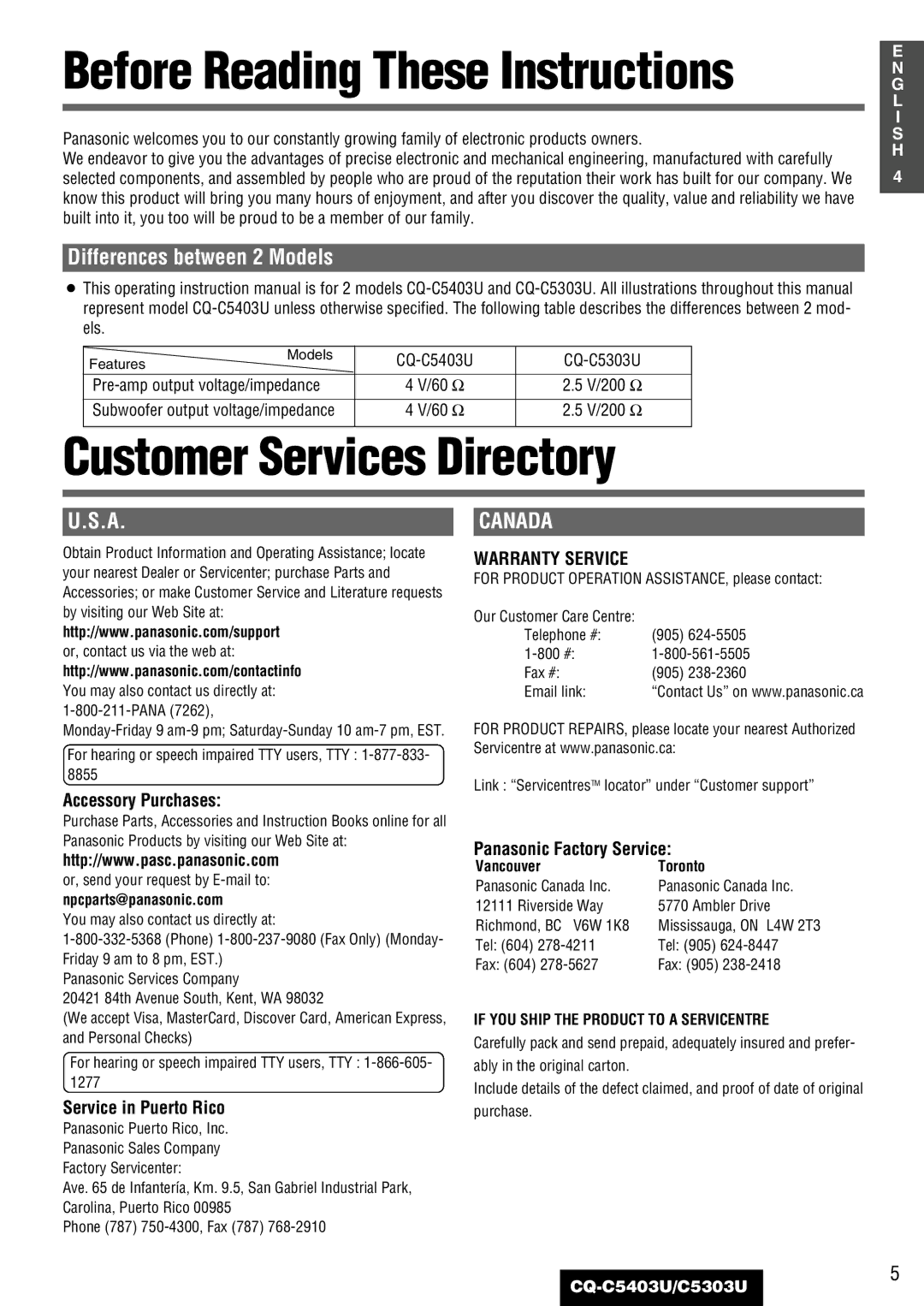 Panasonic C5303U, CQ-C5403U Before Reading These Instructions, Customer Services Directory, Differences between 2 Models 