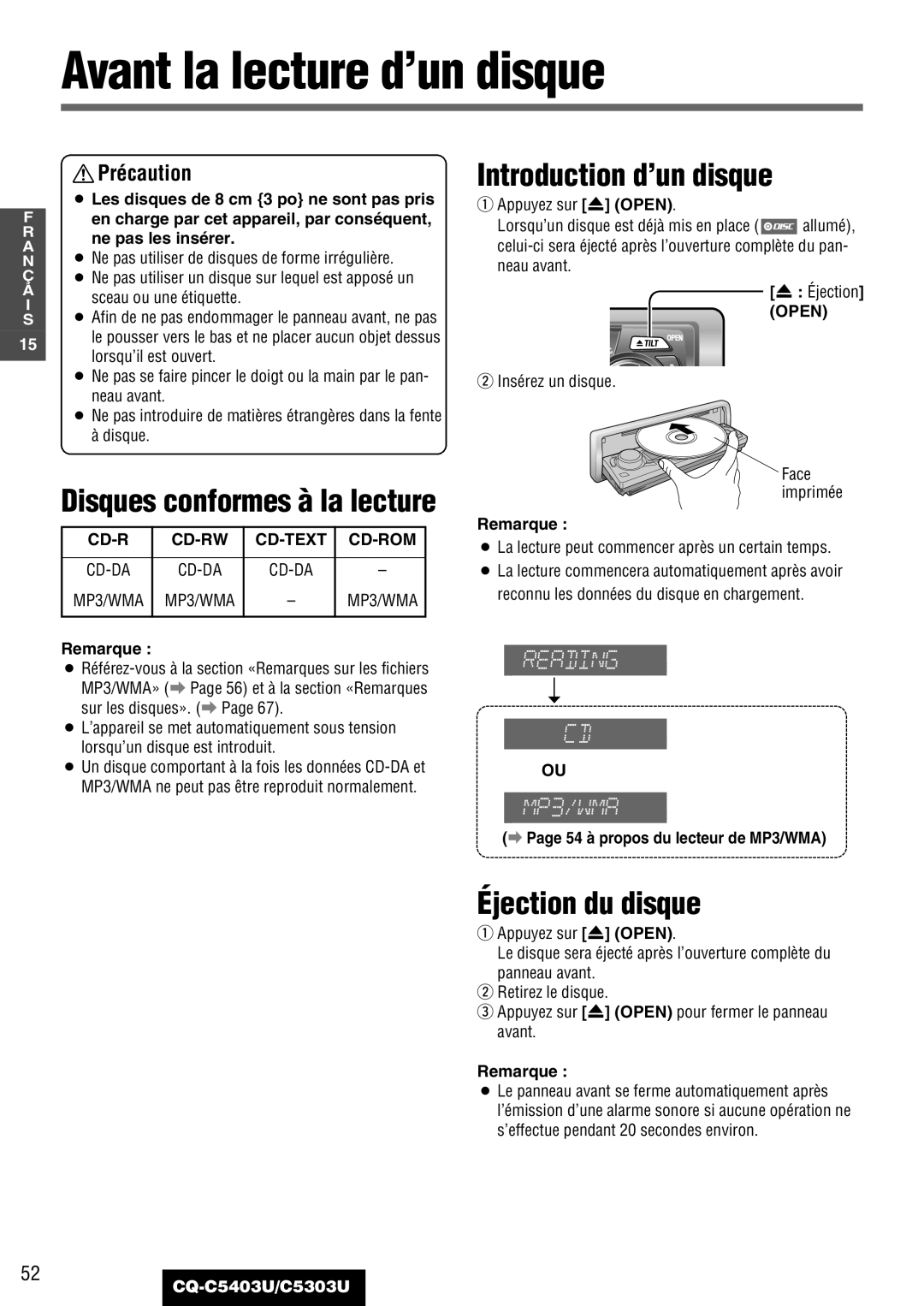 Panasonic CQ-C5403U, C5303U warranty Avant la lecture d’un disque, Introduction d’un disque, Éjection du disque 