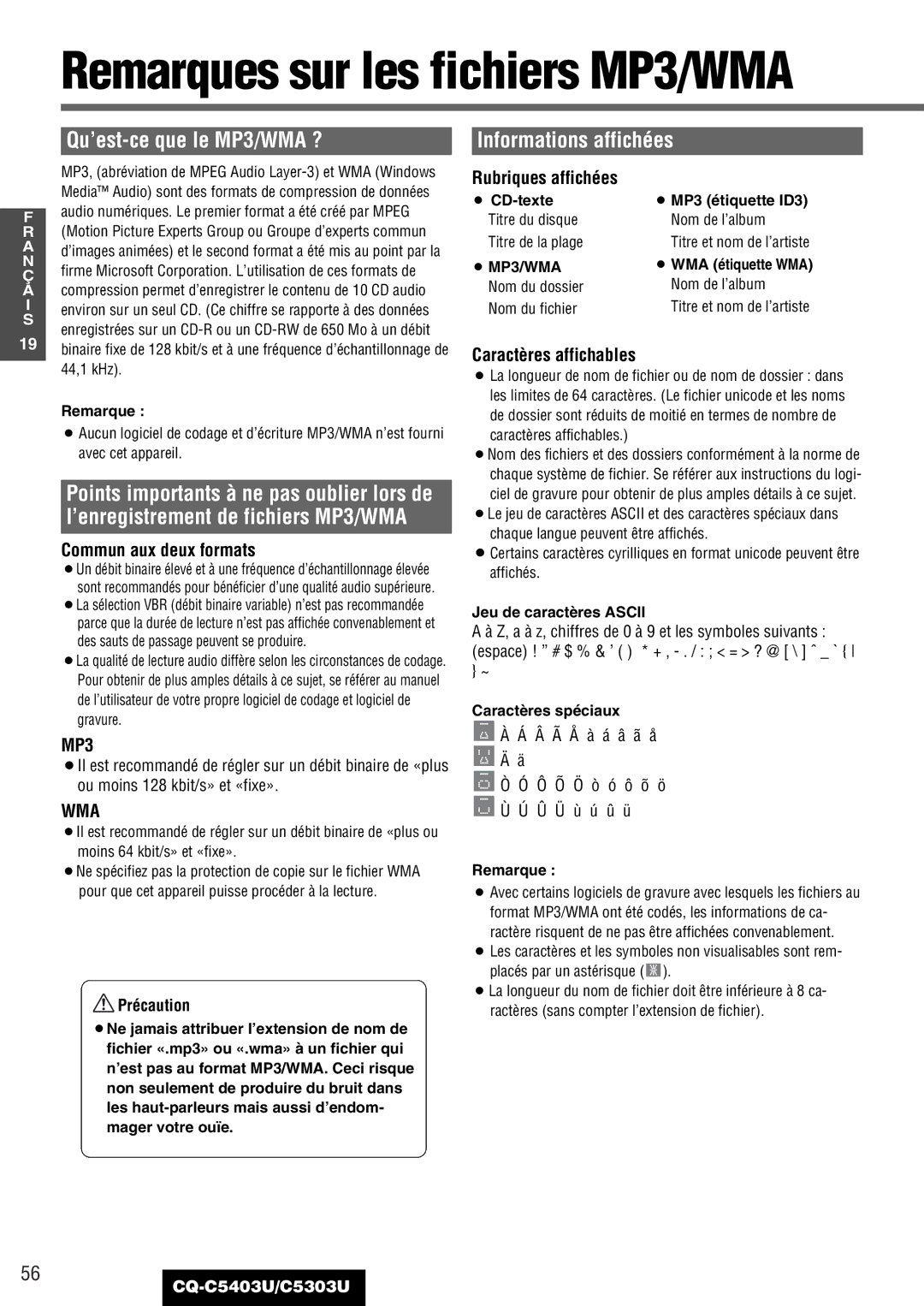 Panasonic CQ-C5403U, C5303U Qu’est-ce que le MP3/WMA ?, ’enregistrement de fichiers MP3/WMA, Commun aux deux formats 