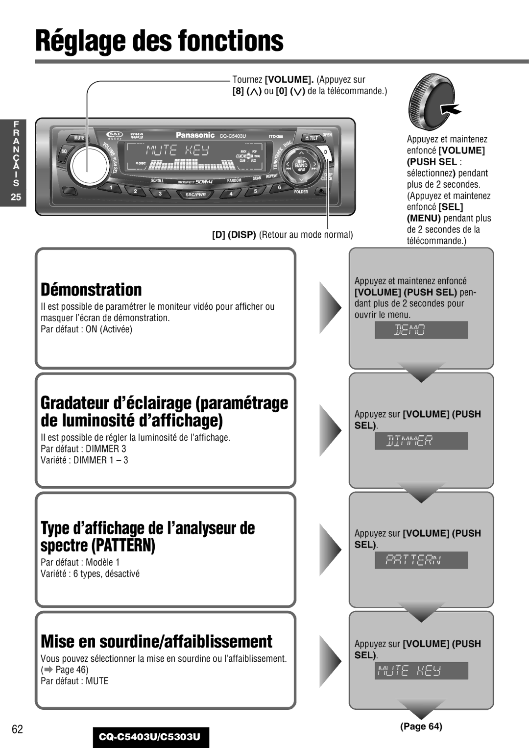 Panasonic CQ-C5403U, C5303U warranty Réglage des fonctions, Démonstration, Mise en sourdine/affaiblissement 