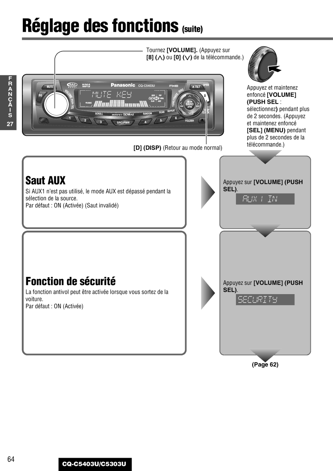 Panasonic CQ-C5403U, C5303U warranty Réglage des fonctions suite, Saut AUX, Fonction de sécurité, SEL Menu pendant 