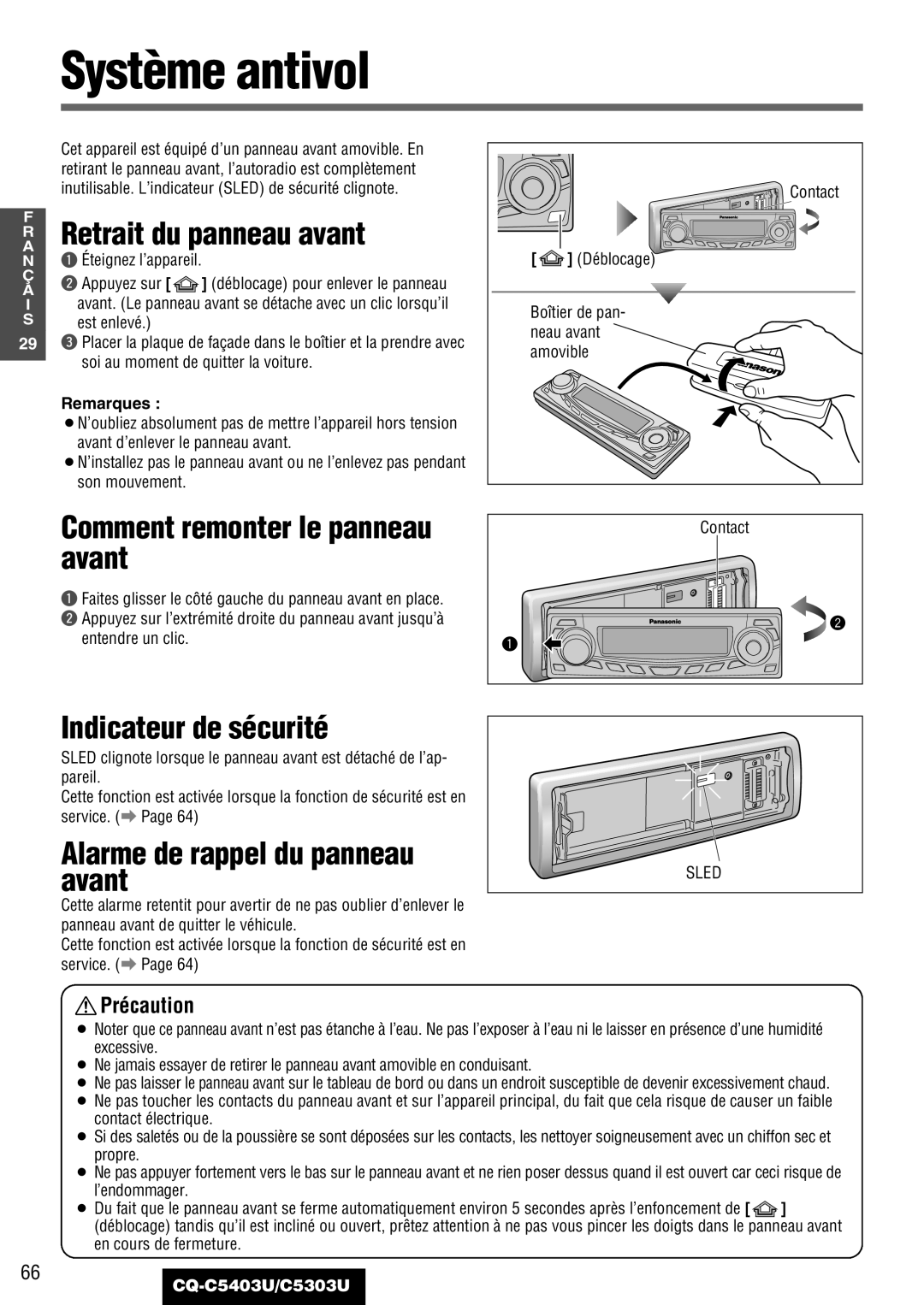 Panasonic CQ-C5403U Système antivol, Comment remonter le panneau avant, Indicateur de sécurité, Éteignez l’appareil 