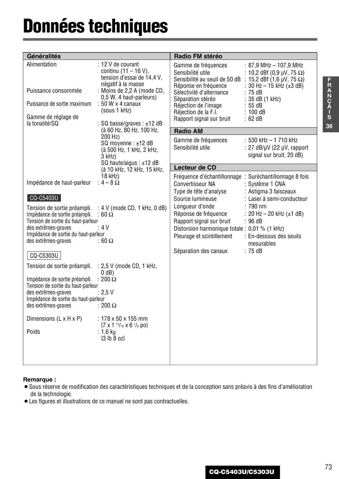 Panasonic C5303U, CQ-C5403U warranty Données techniques, Généralités Radio FM stéréo, Radio AM, Lecteur de CD 