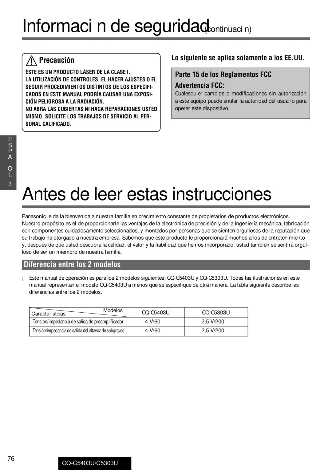 Panasonic CQ-C5403U, C5303U warranty Información de seguridad continuación, Antes de leer estas instrucciones 