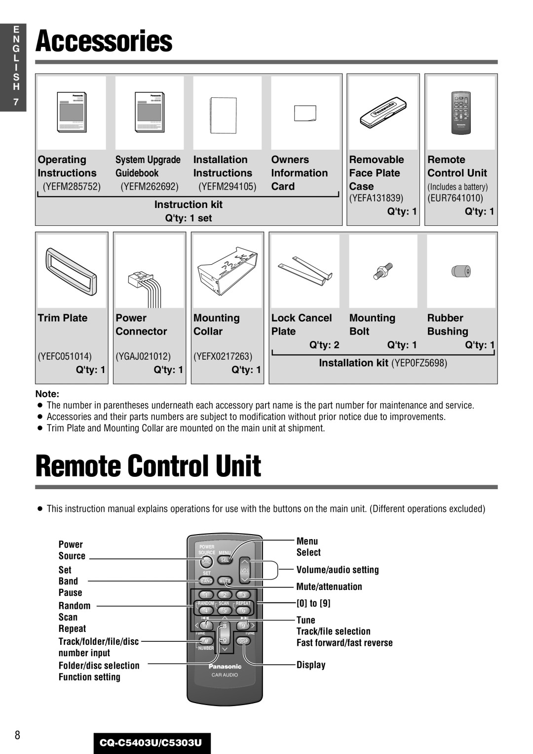 Panasonic CQ-C5403U, C5303U warranty Accessories, Remote Control Unit 