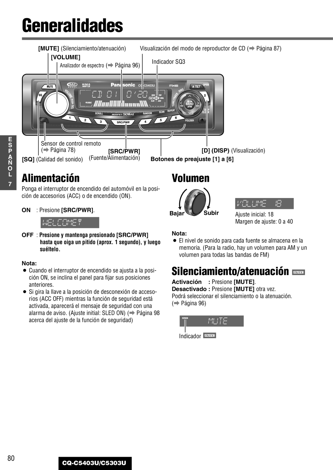 Panasonic CQ-C5403U, C5303U warranty Generalidades, Alimentación, Volumen, Silenciamiento/atenuación 