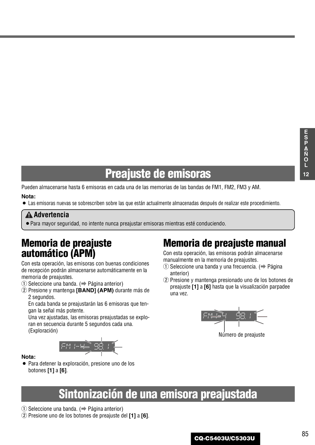 Panasonic C5303U, CQ-C5403U warranty Memoria de preajuste manual, Memoria de preajuste automático APM 