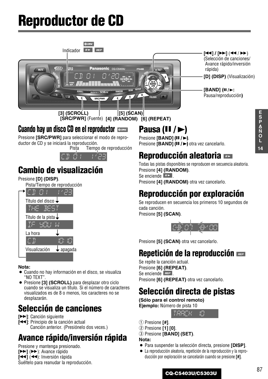 Panasonic C5303U Reproductor de CD, Pausa y, Reproducción aleatoria Cambio de visualización, Selección de canciones 