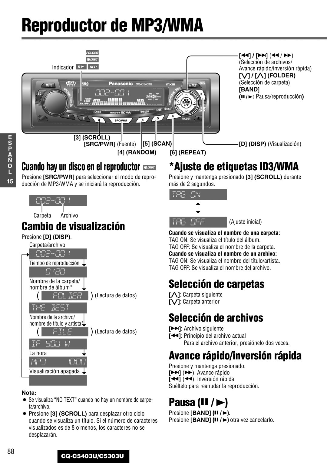 Panasonic CQ-C5403U, C5303U warranty Reproductor de MP3/WMA, Selección de carpetas, Selección de archivos 