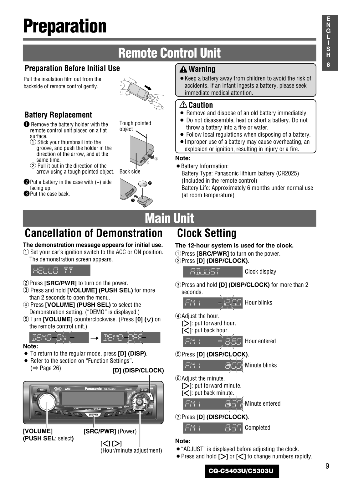 Panasonic C5303U, CQ-C5403U warranty Preparation, Clock Setting 