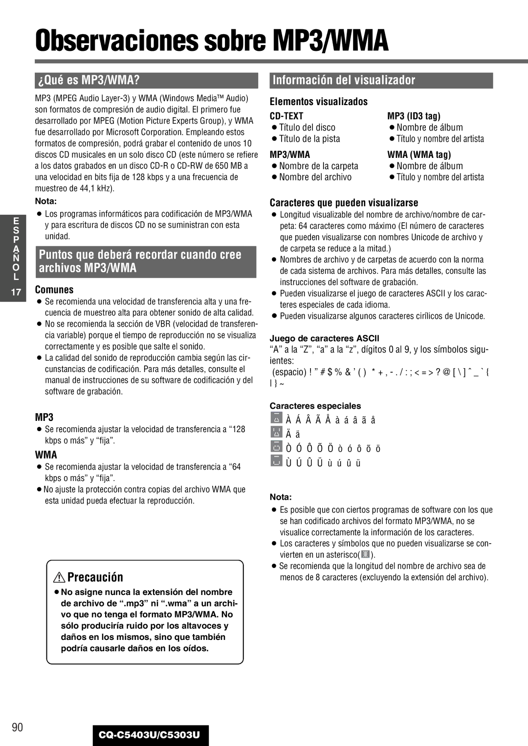 Panasonic CQ-C5403U Observaciones sobre MP3/WMA, ¿Qué es MP3/WMA? Información del visualizador, Archivos MP3/WMA, Comunes 