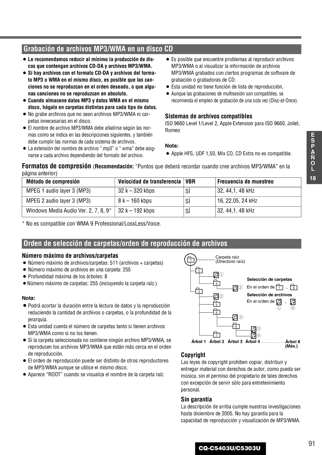 Panasonic C5303U Sistemas de archivos compatibles, Número máximo de archivos/carpetas, Sin garantía, Método de compresión 