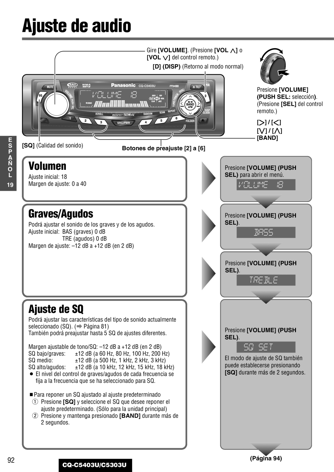 Panasonic CQ-C5403U, C5303U warranty Ajuste de audio, Graves/Agudos, Ajuste de SQ 