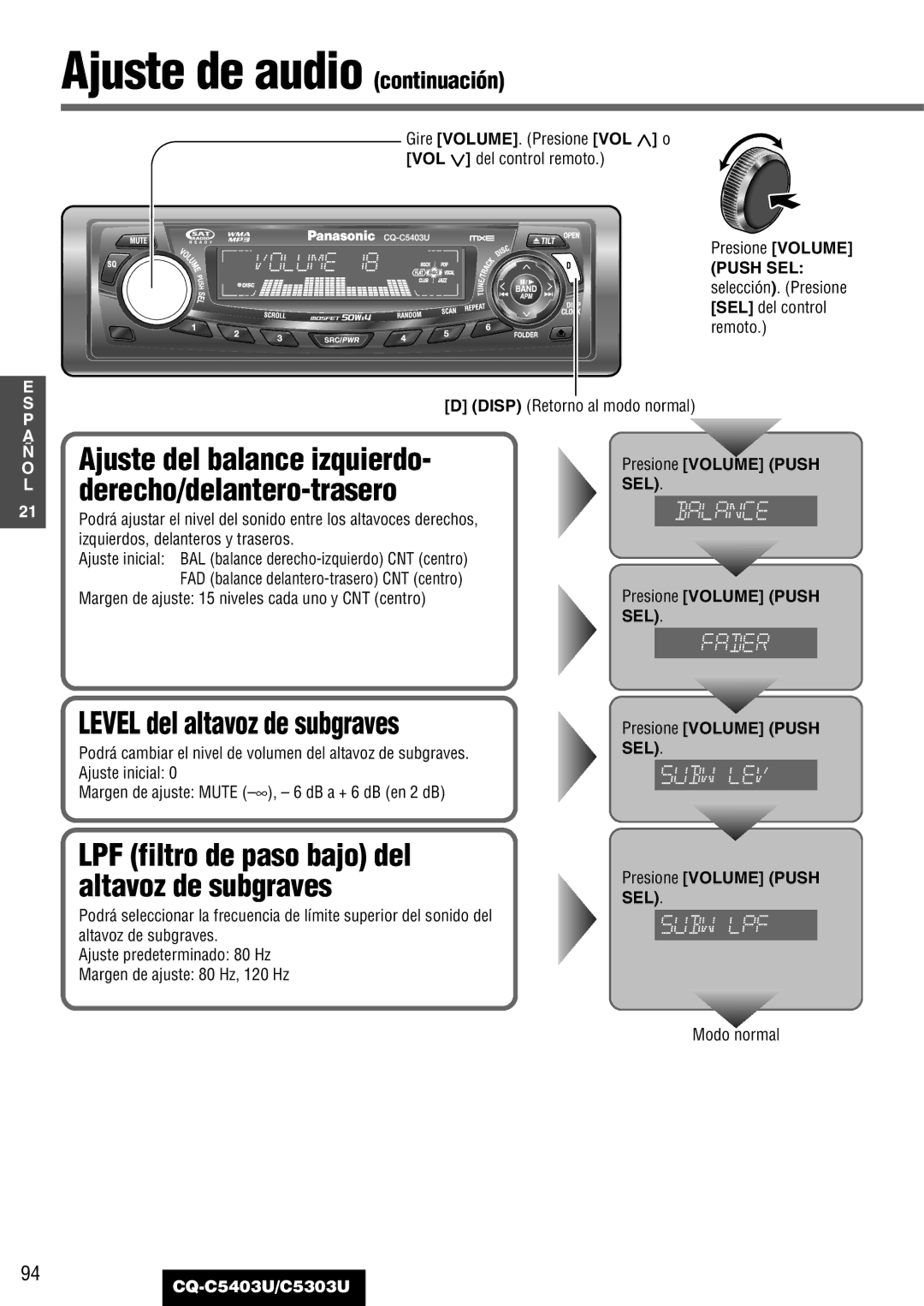 Panasonic CQ-C5403U, C5303U warranty Ajuste de audio continuación, Level del altavoz de subgraves 