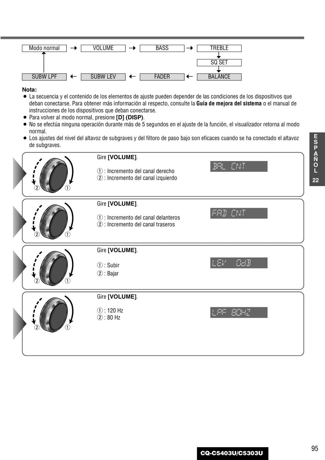 Panasonic C5303U, CQ-C5403U warranty Incremento del canal derecho Incremento del canal izquierdo, Subir Bajar 