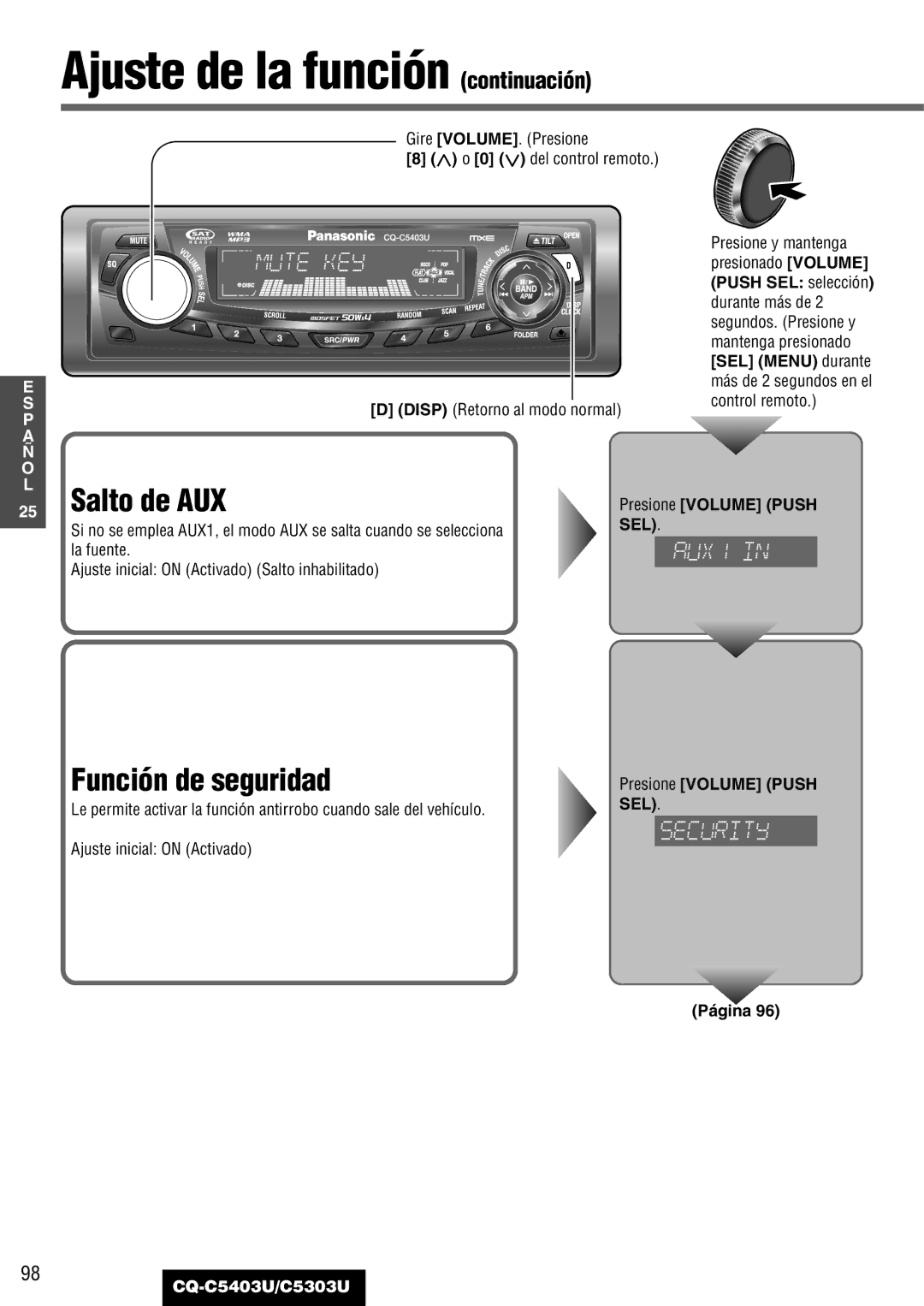 Panasonic CQ-C5403U, C5303U warranty Ajuste de la función continuación, Salto de AUX, Función de seguridad, Sel 