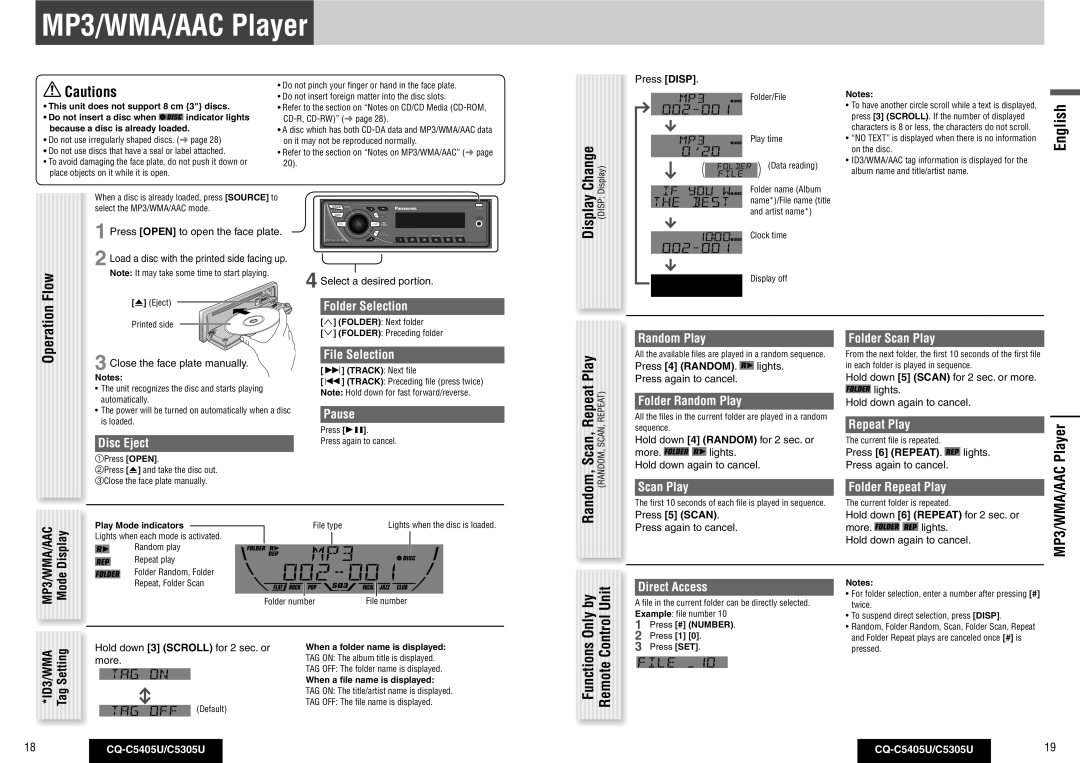 Panasonic CQ-C5405U, CQ-C5305U MP3/WMA/AAC Player, Random, Scan, Repeat Play, Functions Only by Remote Control Unit, Flow 