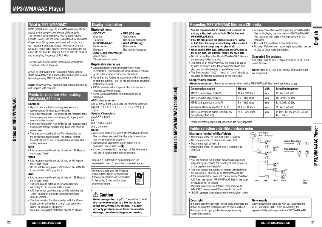 Panasonic CQ-C5305U, CQ-C5405U warranty MP3/WMA/AAC Player, Points to remember when making MP3/WMA/AAC ﬁles 