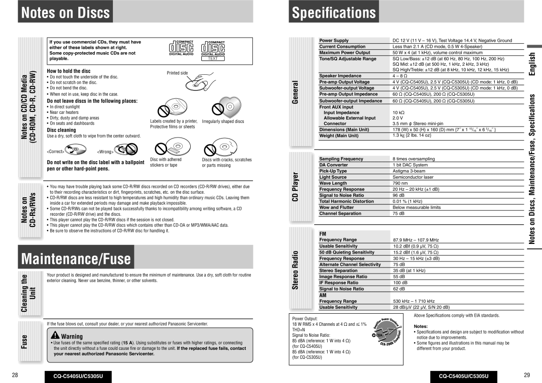 Panasonic CQ-C5305U, CQ-C5405U warranty Speciﬁcations, Maintenance/Fuse, Media, Player 