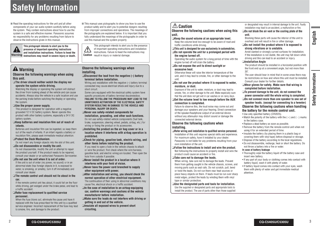 Panasonic CQ-C5405U, CQ-C5305U warranty Safety Information 