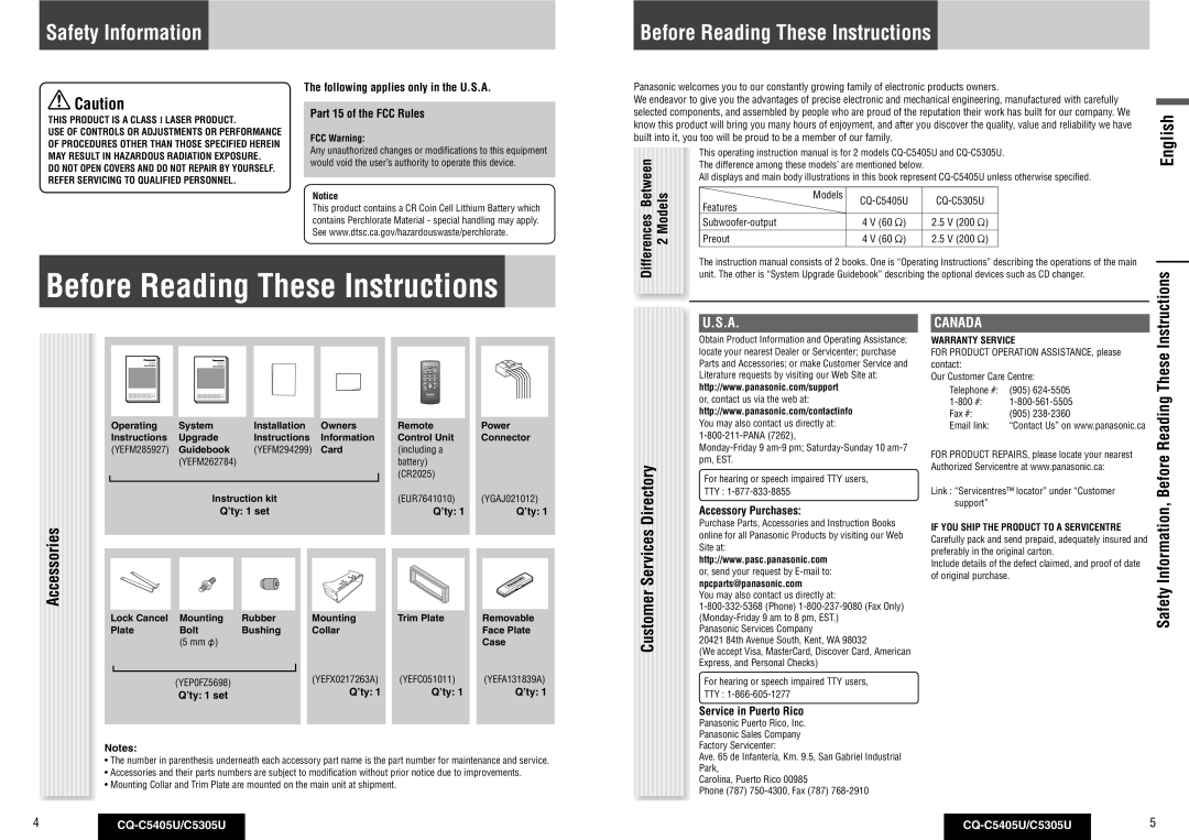 Panasonic CQ-C5305U, CQ-C5405U warranty Safety Information Before Reading These Instructions 