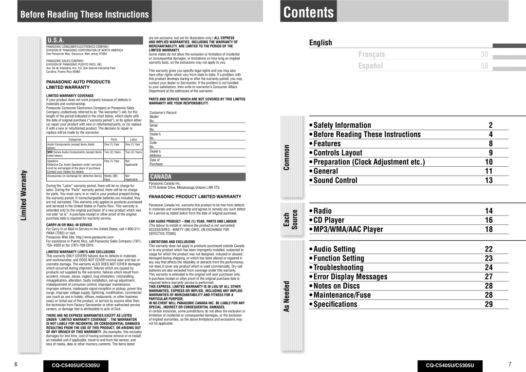 Panasonic CQ-C5405U, CQ-C5305U warranty Contents 