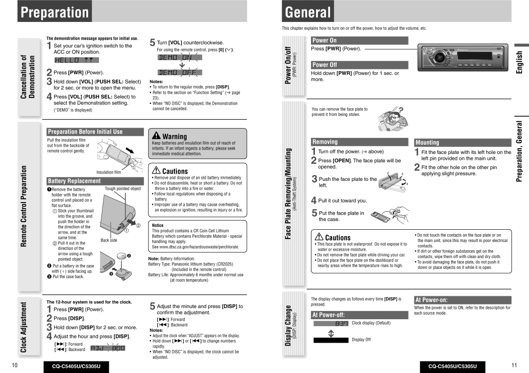 Panasonic CQ-C5405U, CQ-C5305U warranty Preparation, General 