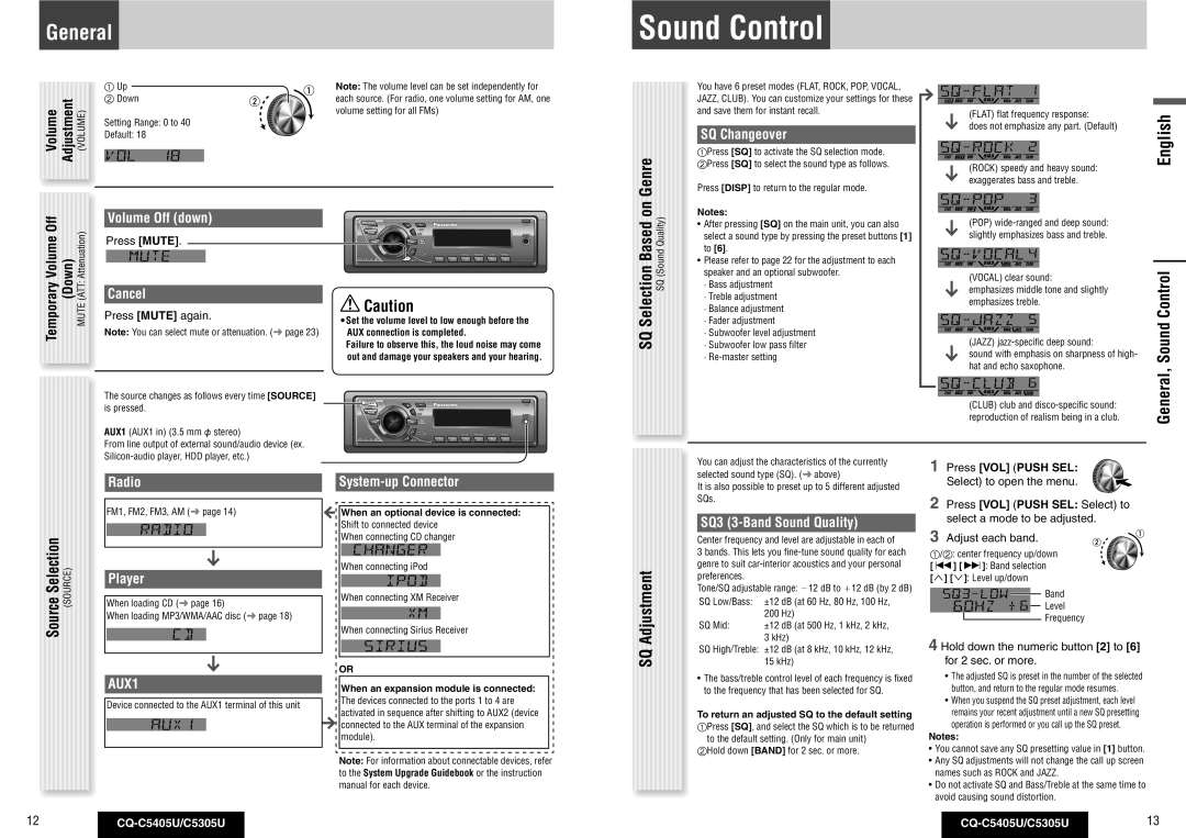 Panasonic CQ-C5305U, CQ-C5405U warranty Sound Control, General, ControlSound 