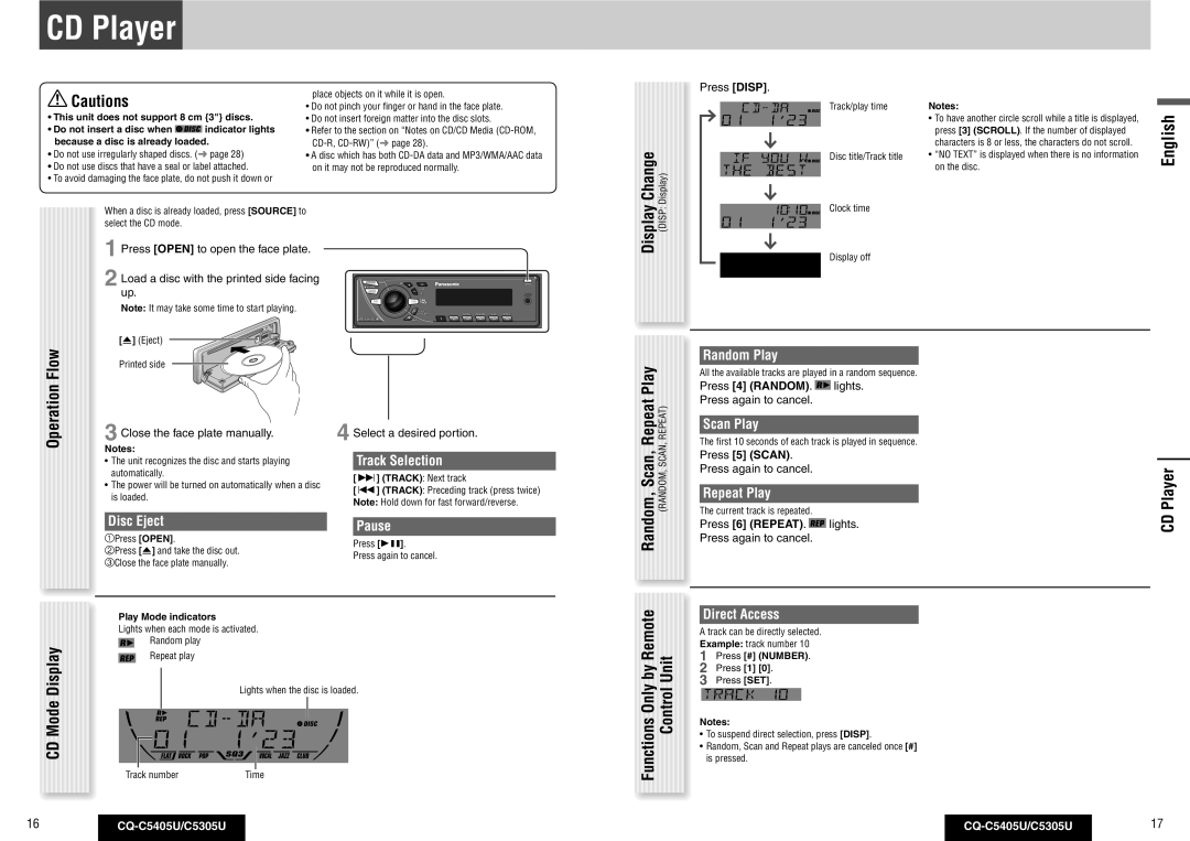 Panasonic CQ-C5305U CD Player, CD Mode, Functions Only by Remote Random, Scan, Repeat Play, Control Unit, Operation 