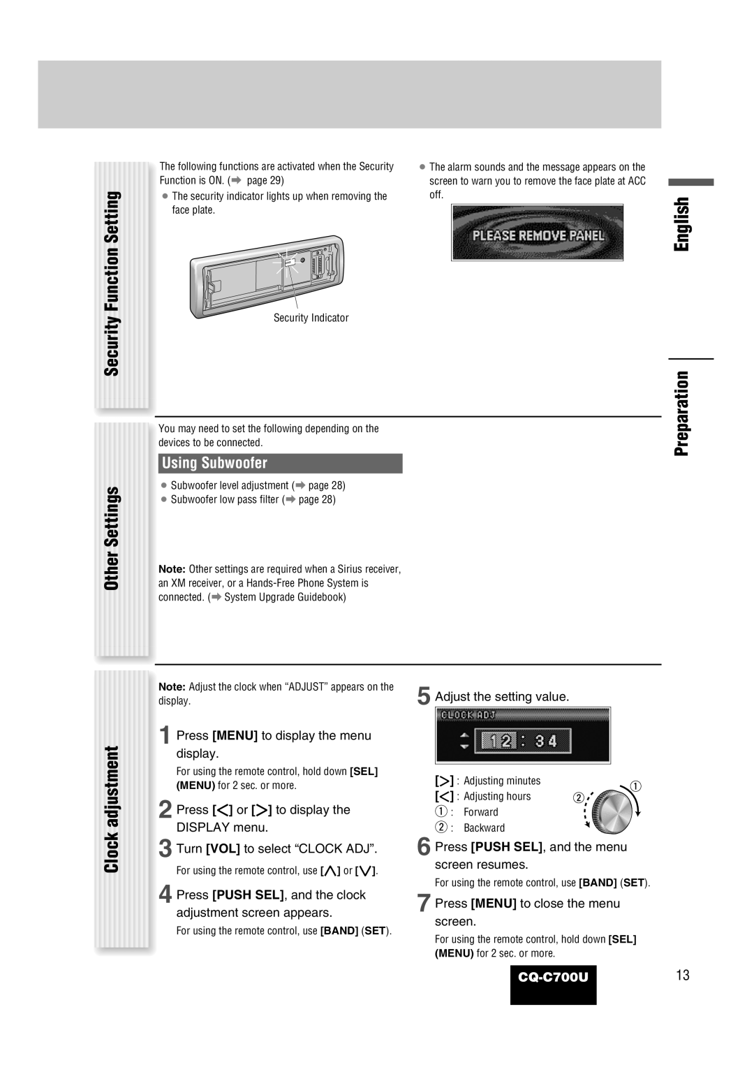 Panasonic CQ-C700U operating instructions Other, Preparation, Security, Using Subwoofer, Clock 