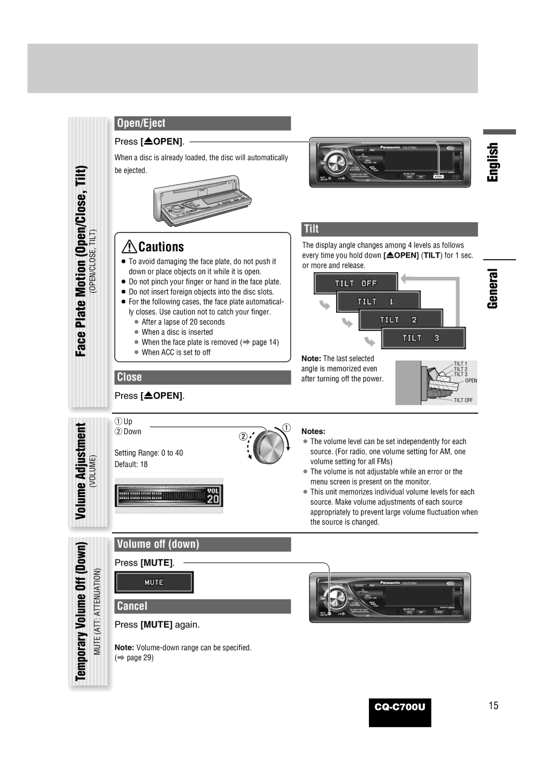 Panasonic CQ-C700U operating instructions Open/Close, Tilt, Motion, General 