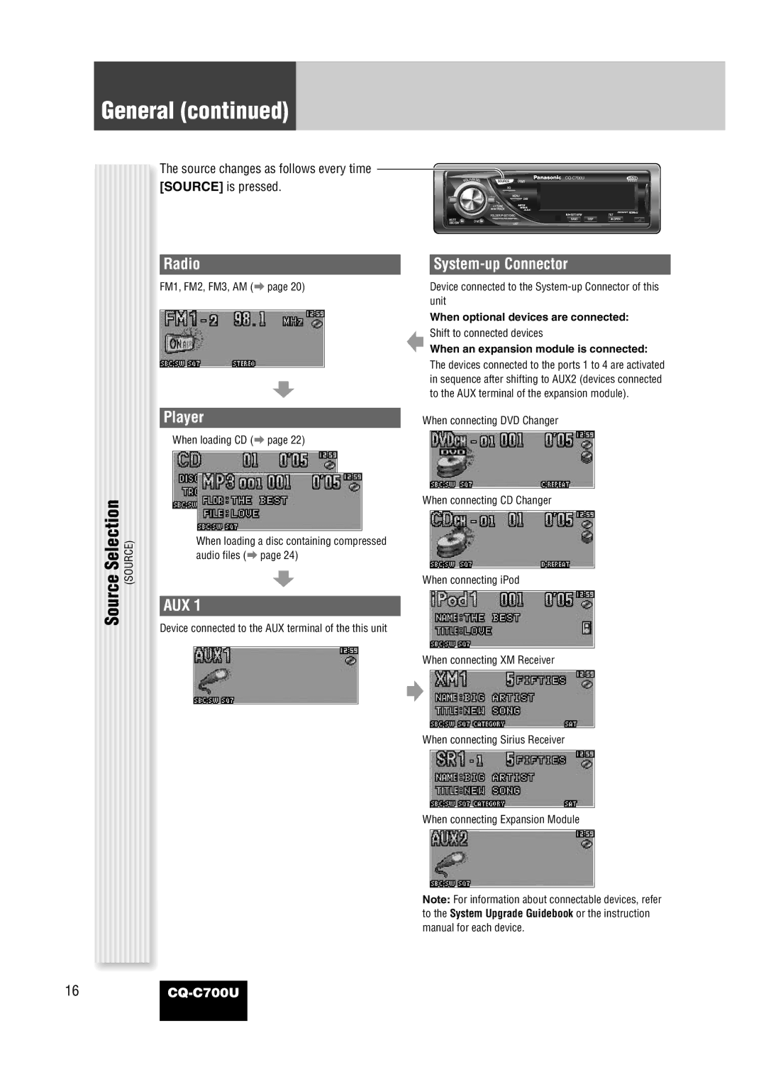 Panasonic CQ-C700U operating instructions Selection, Source, Aux 