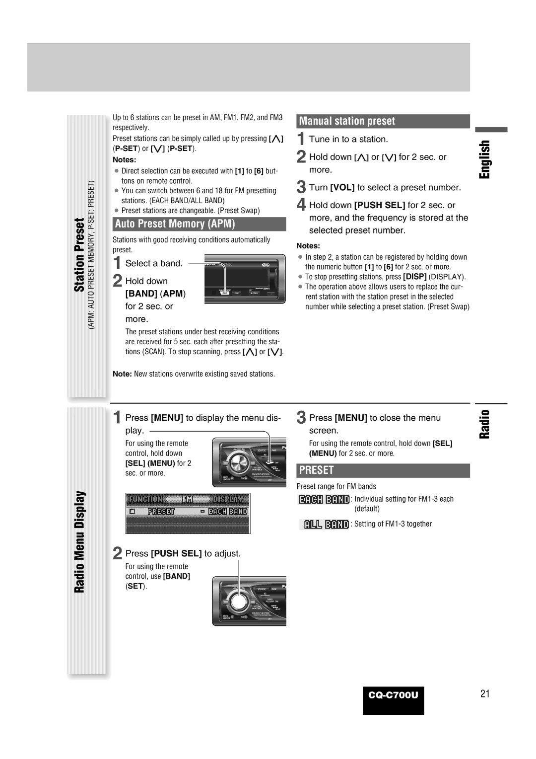 Panasonic CQ-C700U operating instructions Station Preset, Radio Menu Display 