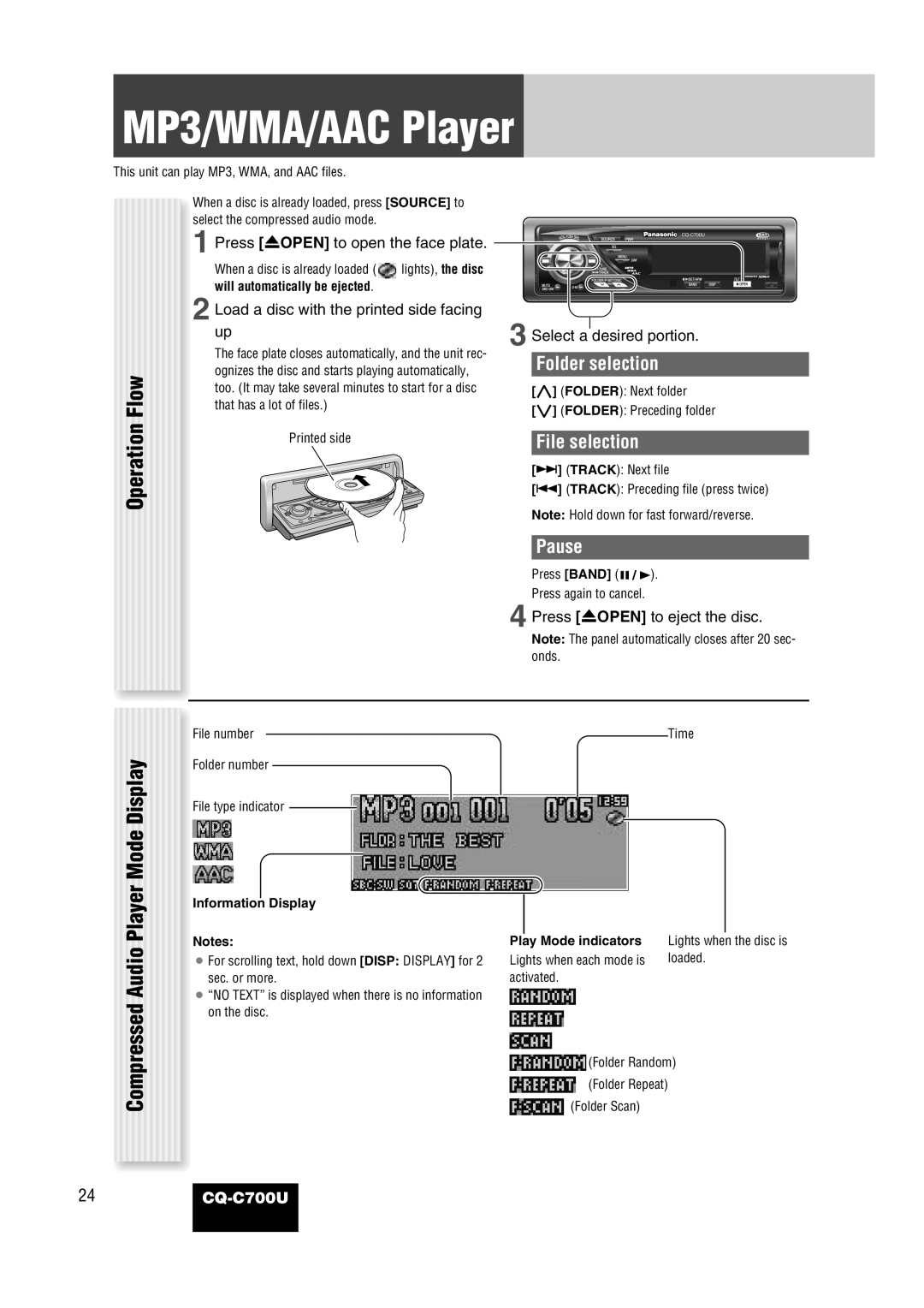 Panasonic CQ-C700U operating instructions MP3/WMA/AAC Player, Audio, Folder selection, File selection 