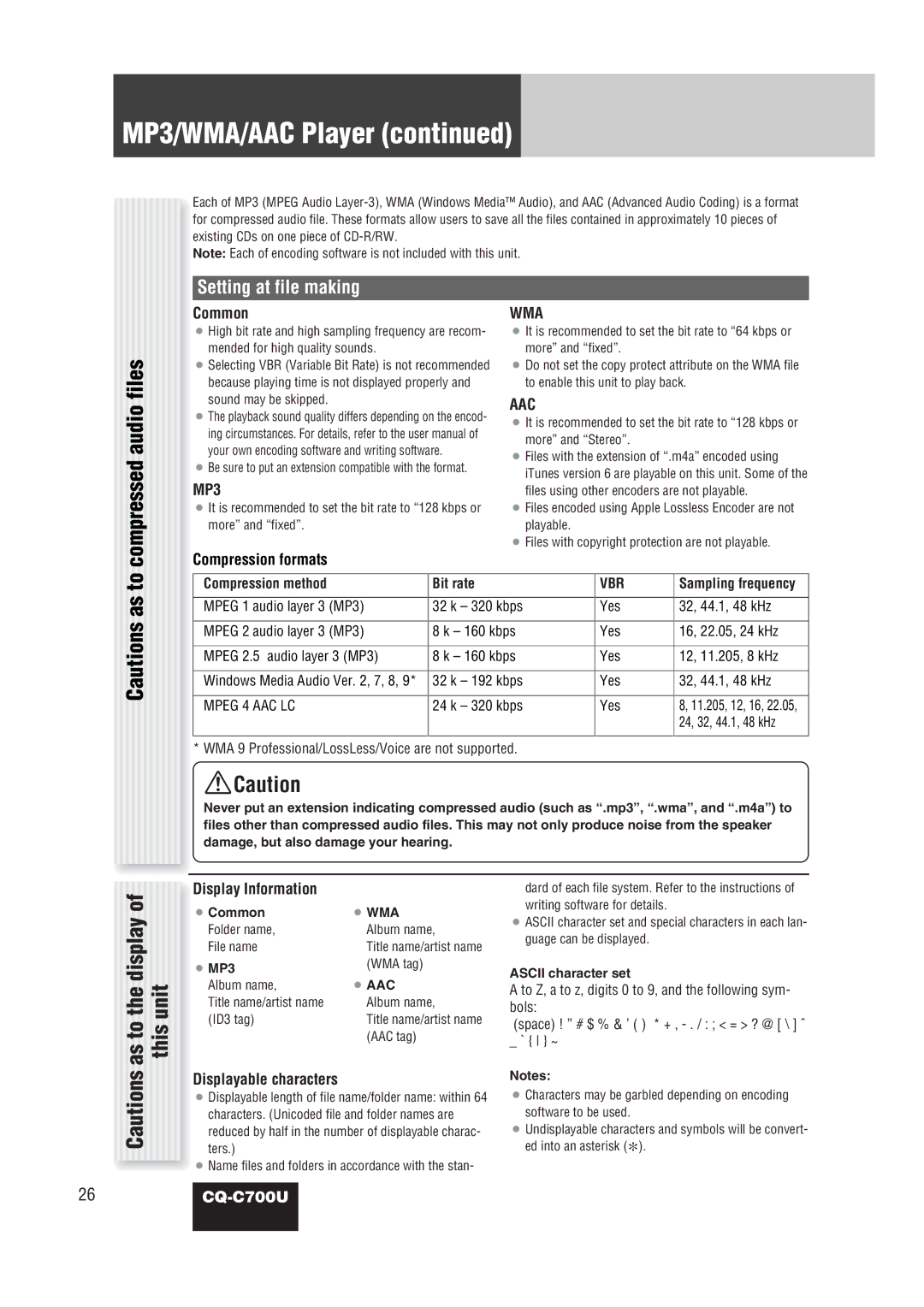 Panasonic CQ-C700U operating instructions Compressed audio files, As to the display This unit, Setting at file making 