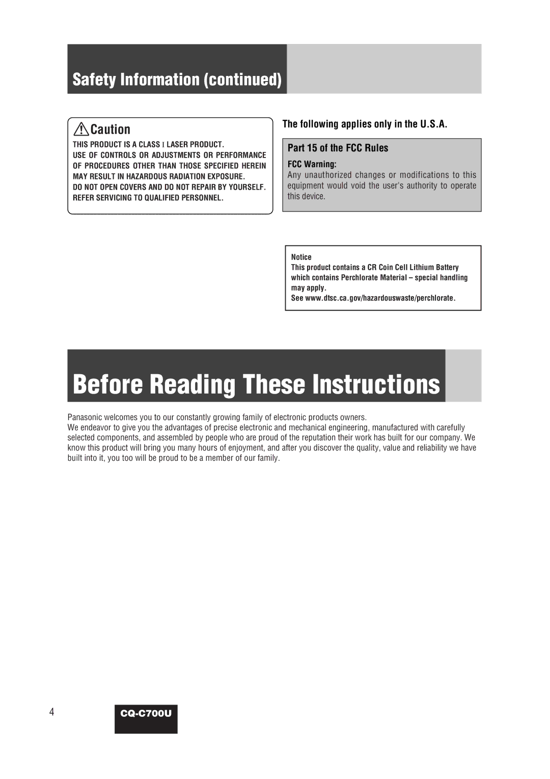 Panasonic CQ-C700U operating instructions Before Reading These Instructions, FCC Warning 