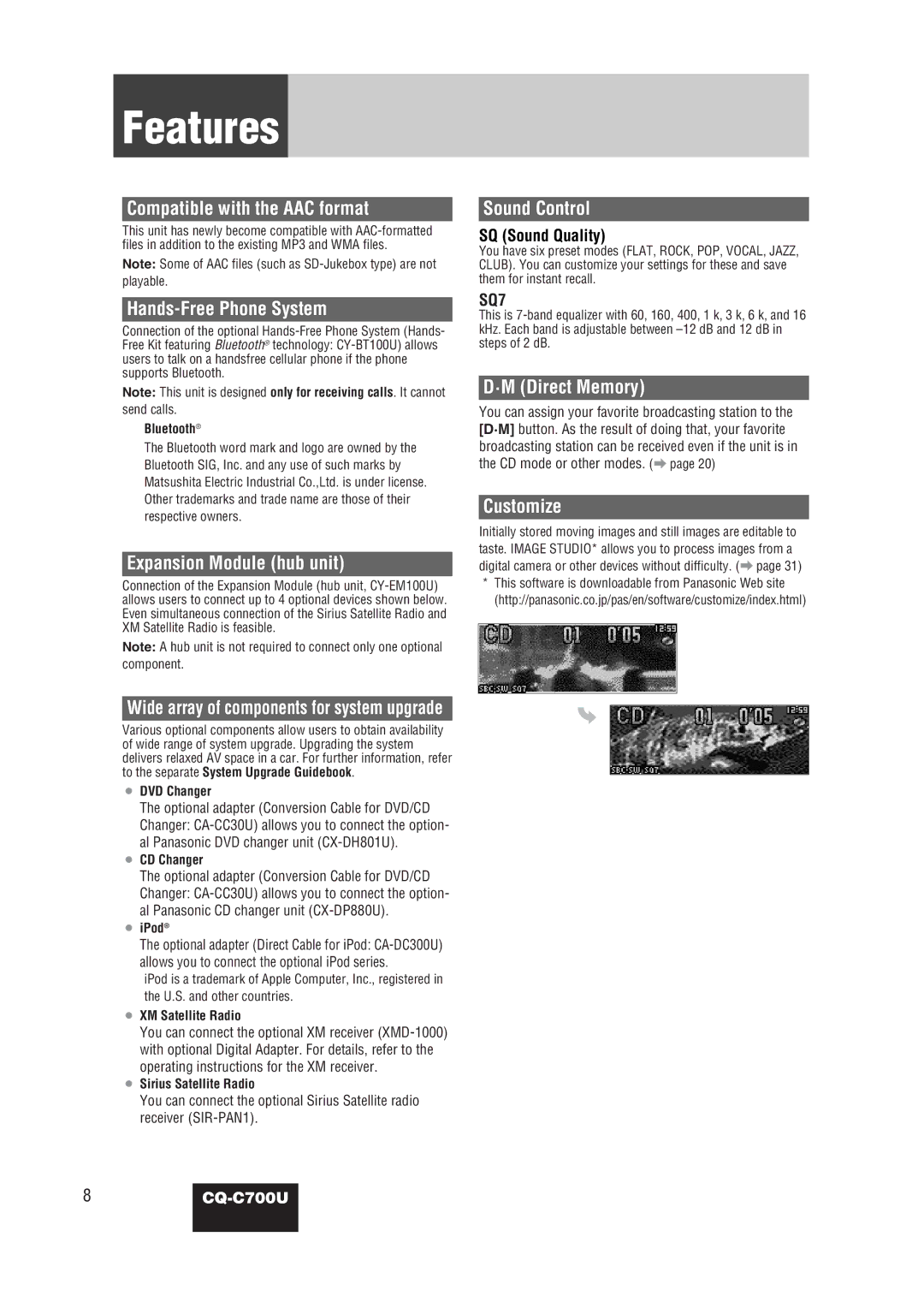 Panasonic CQ-C700U operating instructions Features 