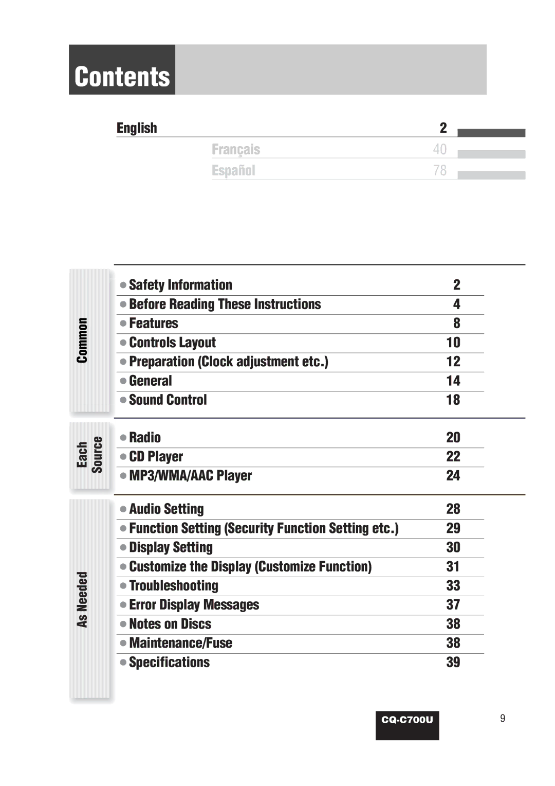 Panasonic CQ-C700U operating instructions Contents 