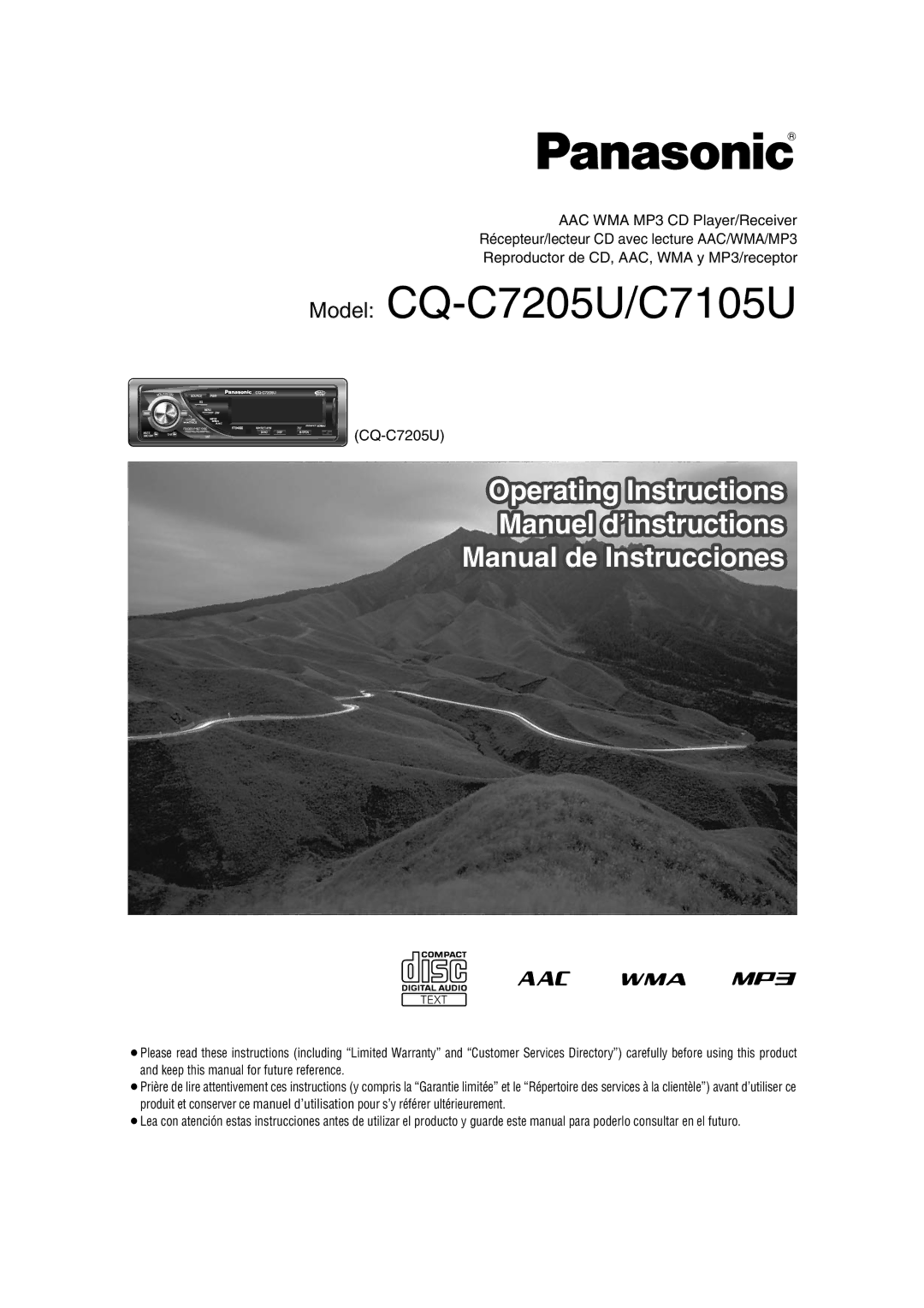 Panasonic CQ-C7105U operating instructions Model CQ-C7205U/C7105U 