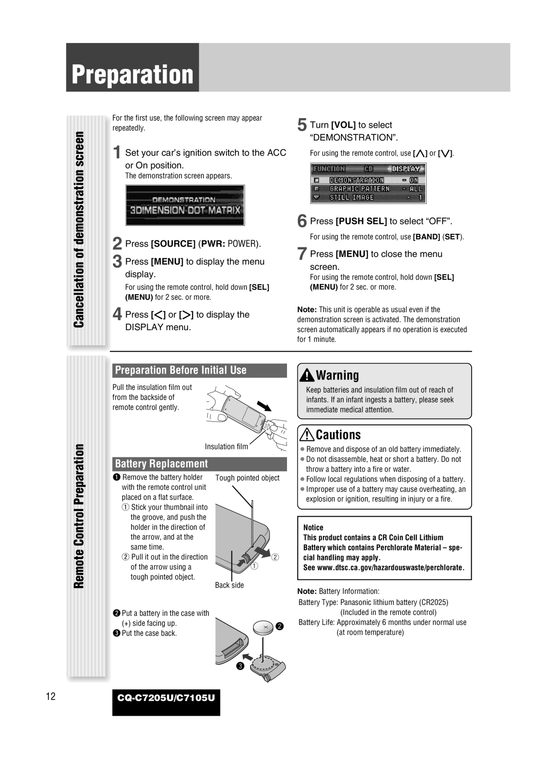 Panasonic CQ-C7105U operating instructions Demonstration screen, Cancellation, Remote Control Preparation 