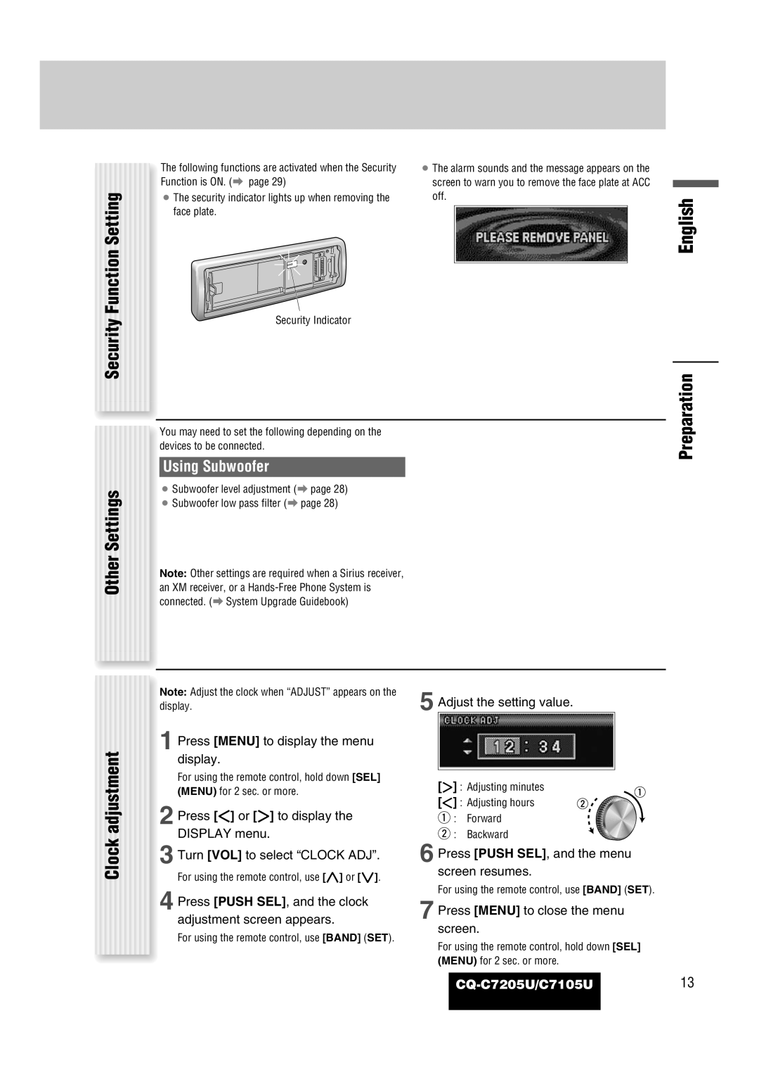 Panasonic CQ-C7105U operating instructions Other, Preparation, Security, Using Subwoofer, Clock 