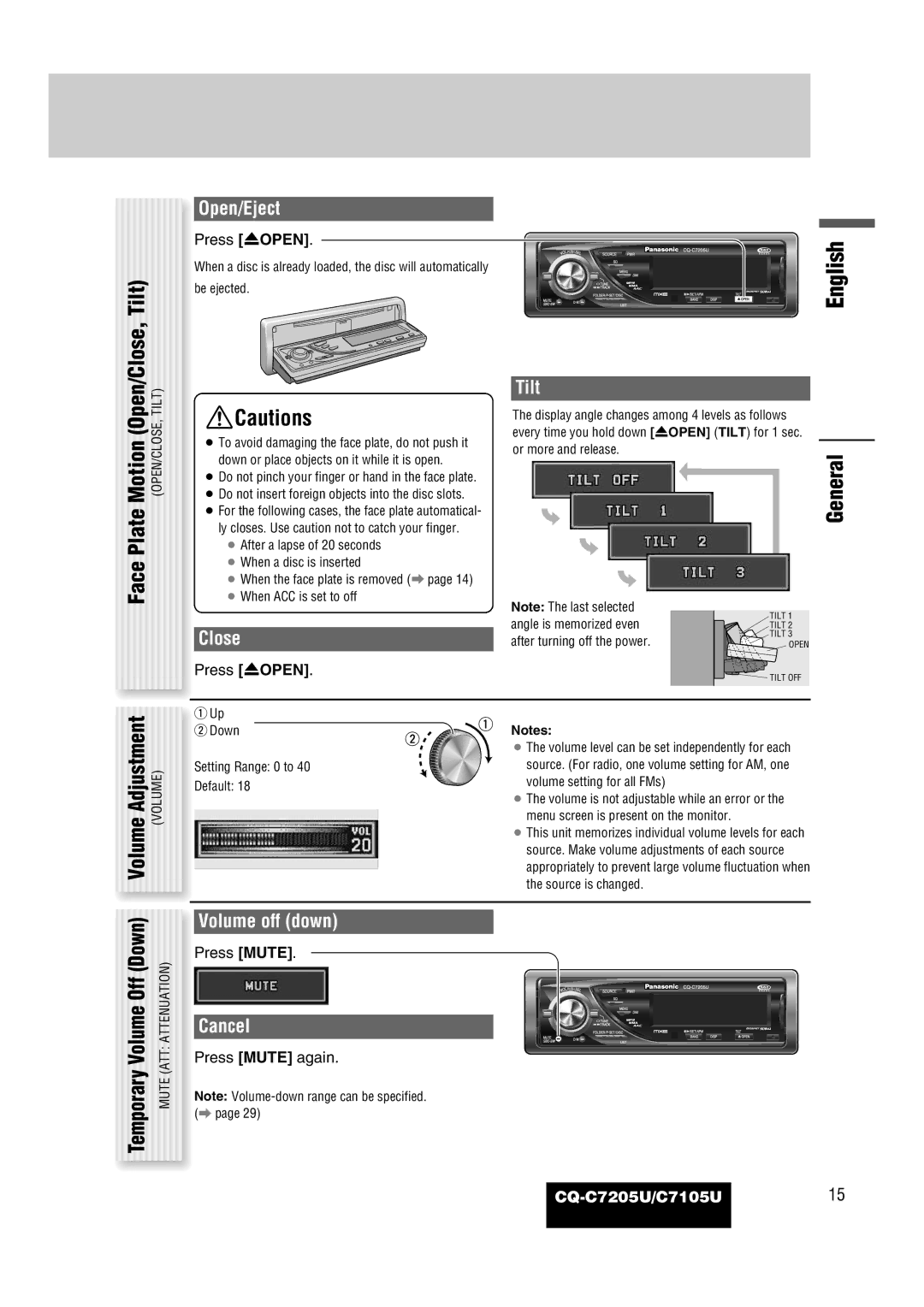 Panasonic CQ-C7105U Open/Close, Tilt Tilt, Motion, Face Plate, Volume Adjustment Volume, Temporary Volume Off Down 