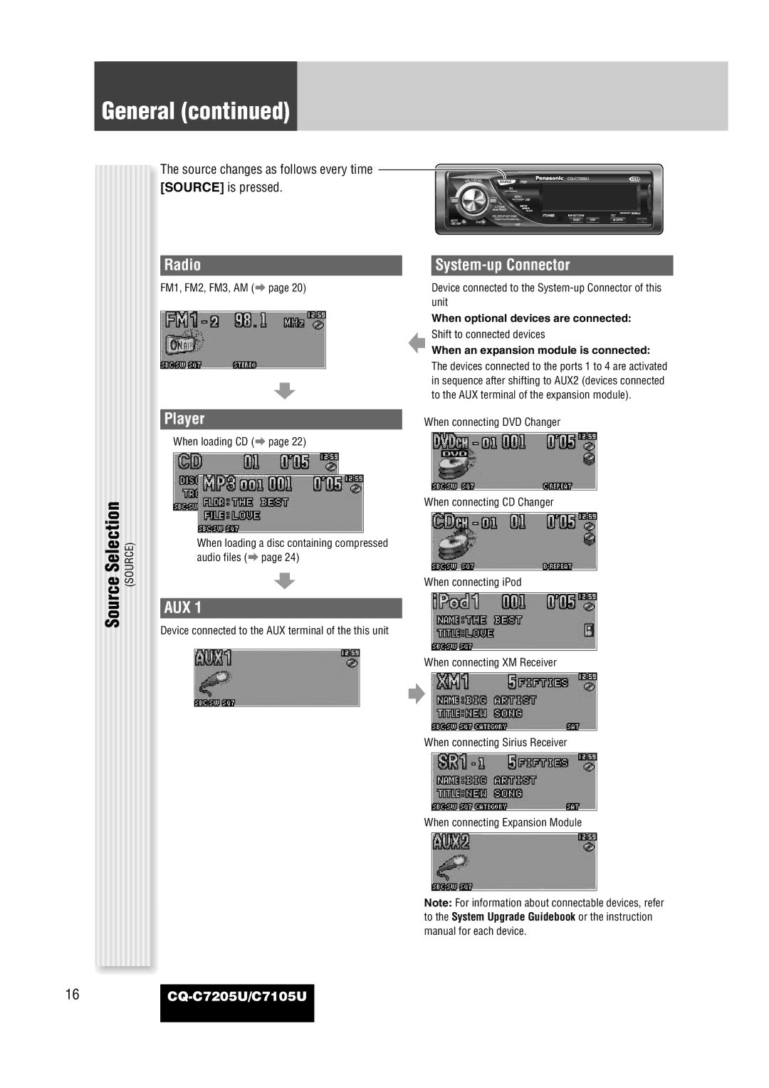 Panasonic CQ-C7105U operating instructions General, Selection, Source, Aux 