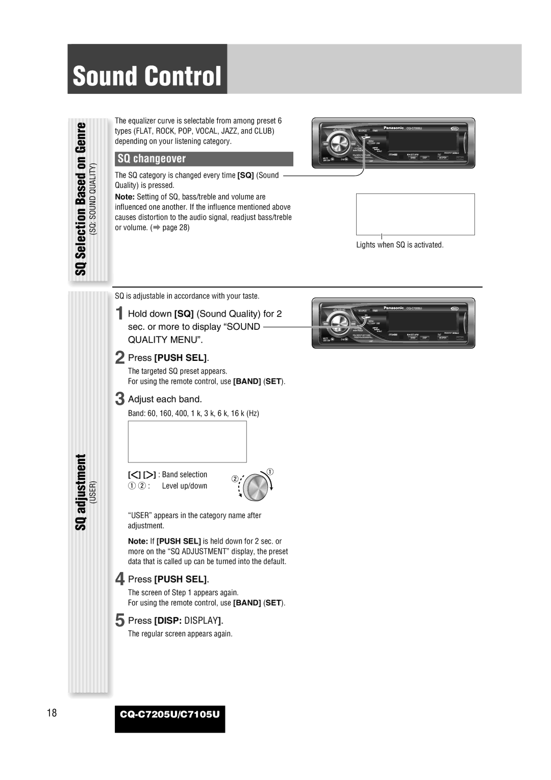 Panasonic CQ-C7105U Sound Control, Selection Based on Genre, Adjustment, SQ changeover, Press Push SEL 