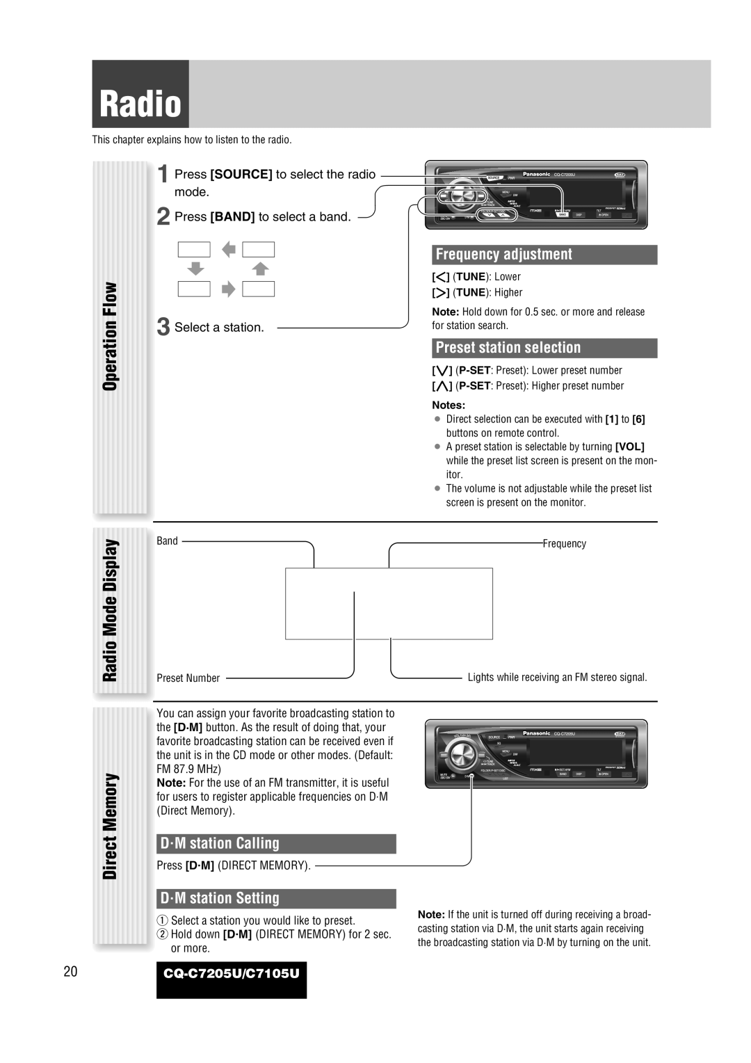 Panasonic CQ-C7105U operating instructions Operation Flow Radio Mode Display, Direct Memory 